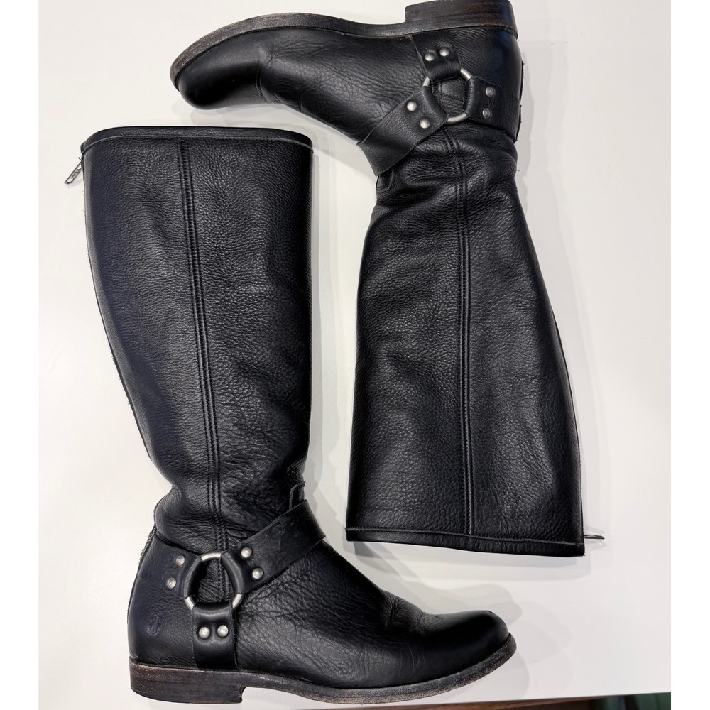 Frye Phillip Harness 12R Black Pebbled Leather Tall Boots Back Zip 6.5B 3471366